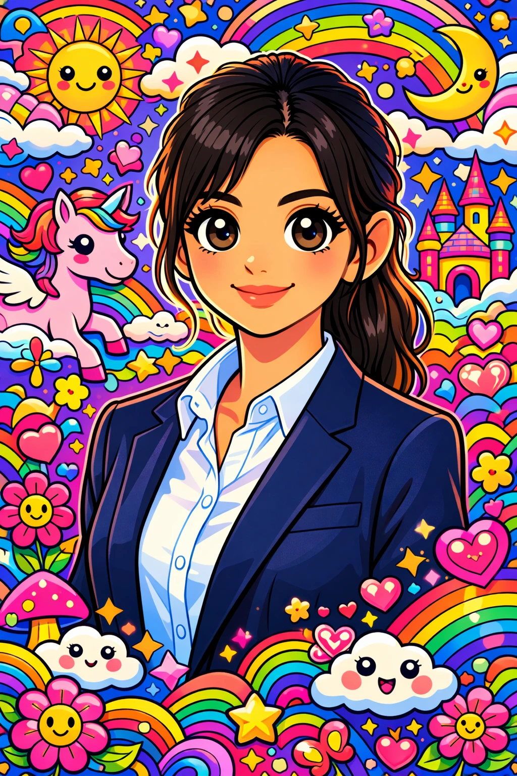 Character-style illustration of a smiling woman in a vibrant psychedelic neon fantasy world with rainbows, stars, unicorns, and retro coloring-book art style